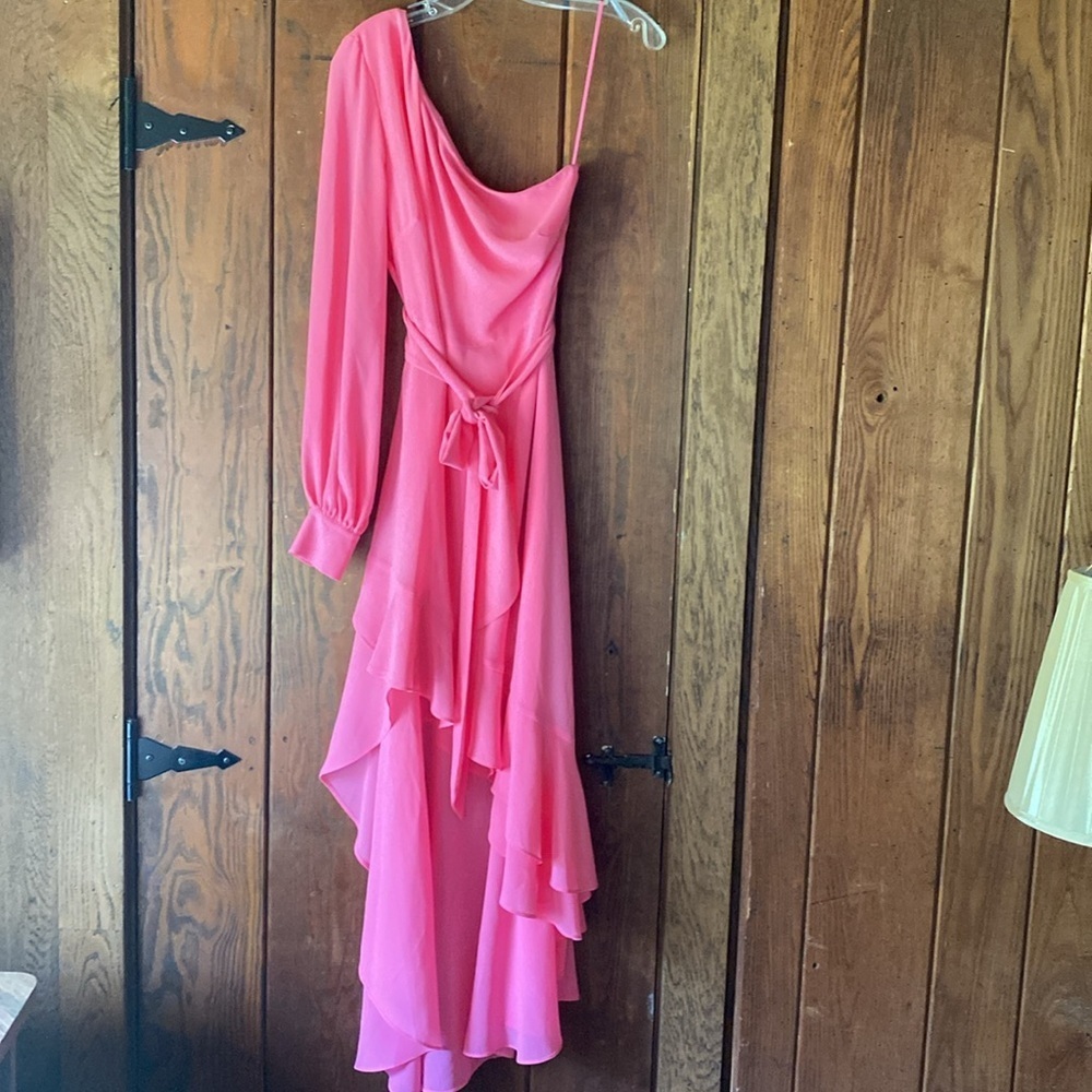 Belle By Badgley Mischka Bailey 1 Shoulder L/S Ruffle High Lo Asymmetrical Hem 6 - Picture 5 of 14